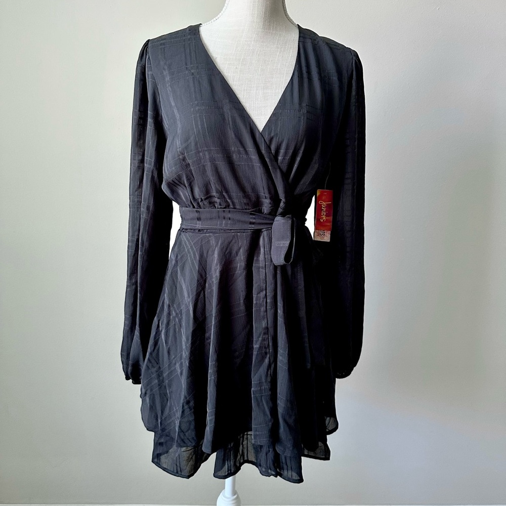 NWT Ruffled Hem Wrap Waist Tie Black Flowy A-Line Cocktail Mini Dress- L